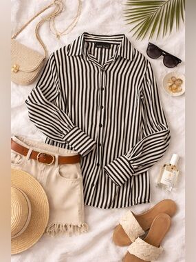 Ellen Tracy 100% Silk Black & White Striped Button Down Blouse Size 14